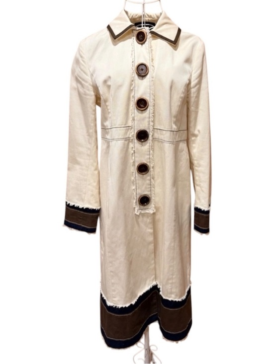 Boden Jackets & Blazers - Boden Agar Trench Coat Cream Navy Contrast Trim Wood Buttons Size 10